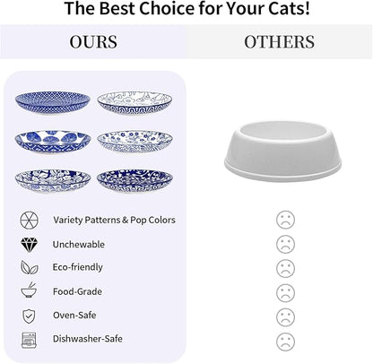Selamica Ceramic Cat Bowls, 6 Inch Wide Shallow Cat Food Bowl for Relief Whisker Fatigue, Set of 6, Vintage Blue