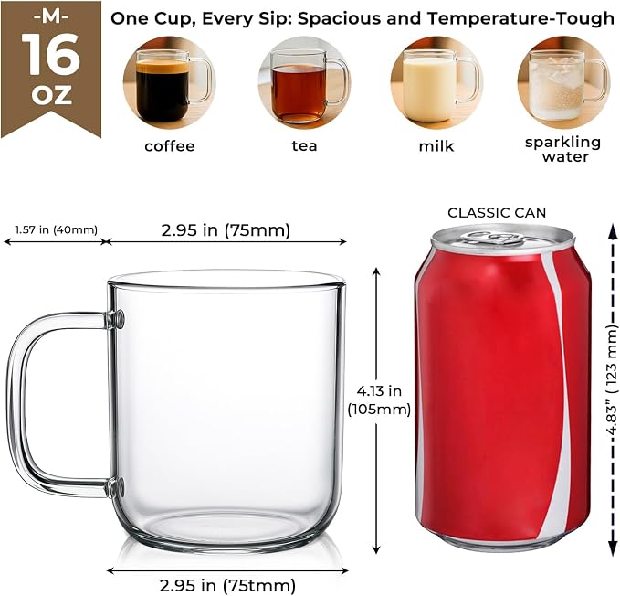 Aquach 16oz Glass Coffee Mugs Set of 2, Large Clear Borosilicate Cups | - Image 5