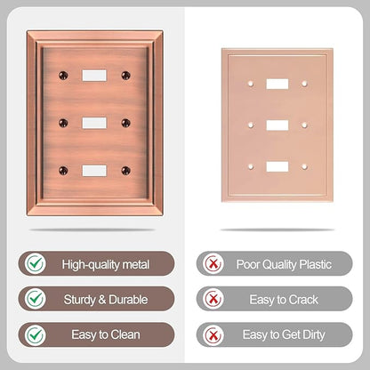 Metal Wall Plate for Electrical Outlets, Decorative Antique Copper Switch Plates Outlet Cover, Light Switch Cover Plate, 3-Gang Wall Plates (Triple Toggle, 1 Pack)