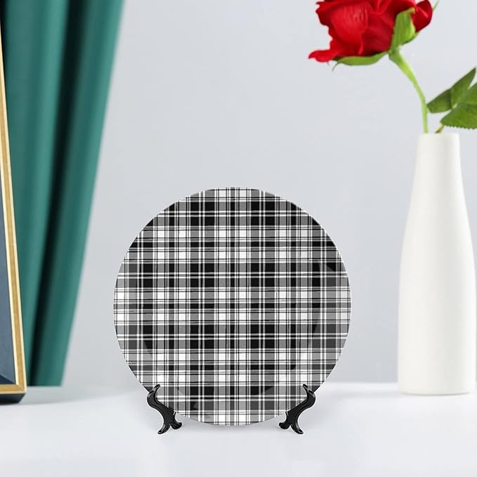 Decorative Plates, Abstract Decor Print Ornament, British Tartan Stripes Pattern, 6 Inch, Kitchen Wall Decor, Black White