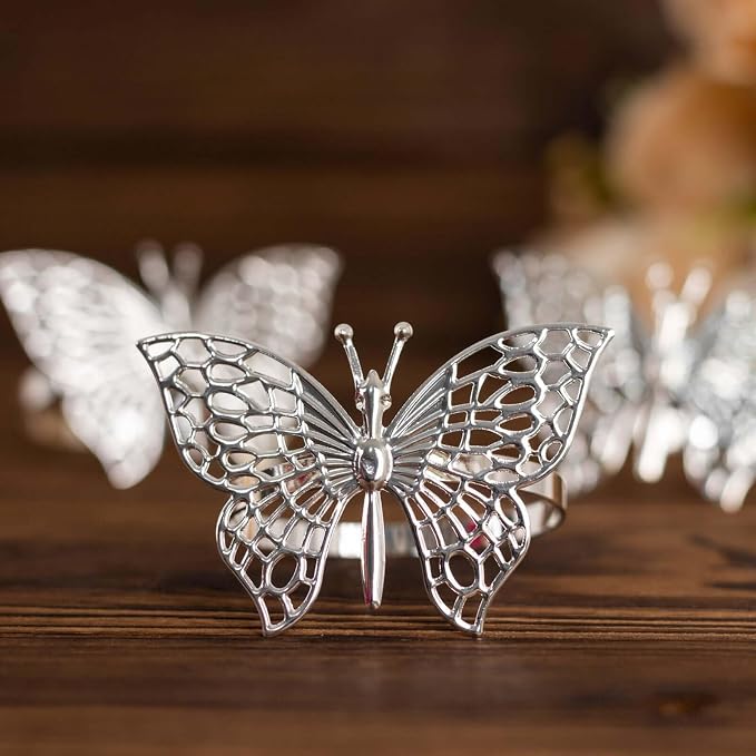 Efavormart 4 Pack | Metallic Silver Laser Cut Butterfly Napkin Rings, - Image 7