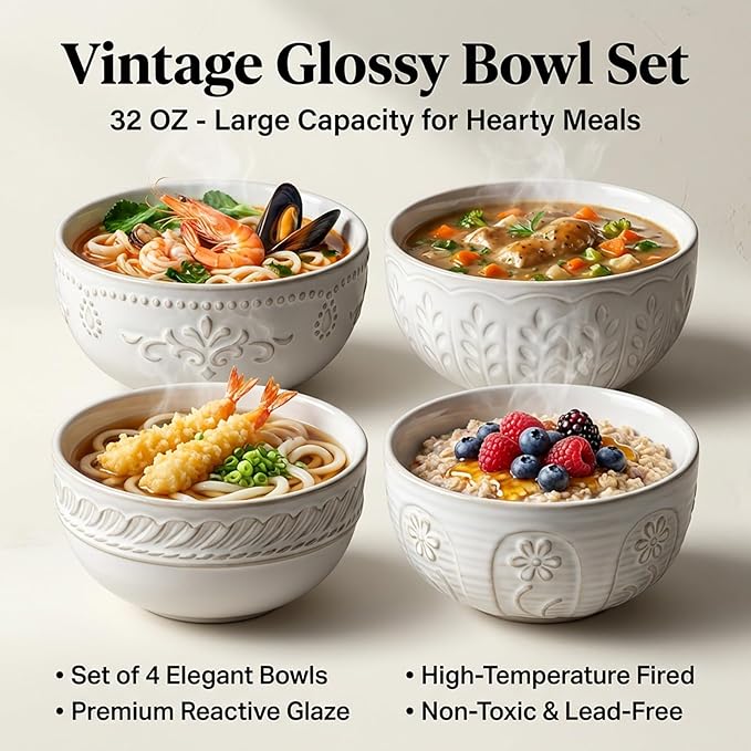 Soup Bowls 32 OZ, Cereal Bowls Set of 4, Embossment Ceramic Ramen Bowl - Image 3