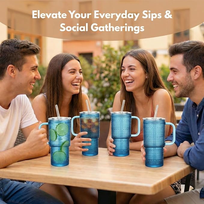 20 oz Blue Glass Tumbler with Lid and Straw, Glass Iced Coffee Cups, - Image 6