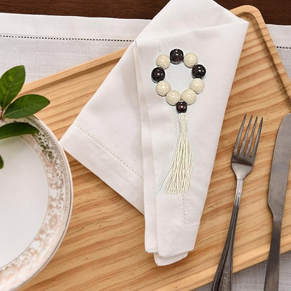 Napkin Rings Set of 6 - Wooden Beads Napkin Rings | Rustic Wooden Napkin Ring Holder for Table Decoration | Handmade LEBEJUA Napkin Ring with Wood Beads & Tassels - Farmhouse Napkin Holder Boho Style