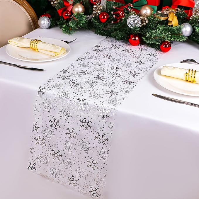 Snowkingdom Christmas Snowflake Silver Table Runner 11 Inch x 49 Feet Sparkly by Snowkingdom
