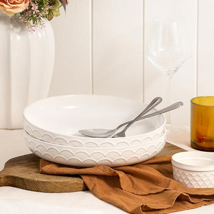 DOWAN Large Pasta Bowls Set of 4, 54 oz Embossment Salad Serving Bowls, Ceramic Plates, White Soup Bowl for Kitchen Meal Prep, Shallow Dishes Dinner Bowl Microwave Tableware