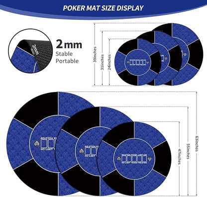 nuveti 24/31/47/55/63inch Round Poker Mat for Texas Holdem | Portable Poker Table Top with Art Deco Layout Print 6-8 Player Game Layout Mat to Play Cards, Poker Games, Blackjack, Casino