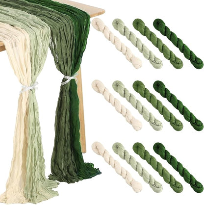12 Pcs Gradient Green Cheesecloth Gauze Table Runners | Boho Wedding Decor by Remagr