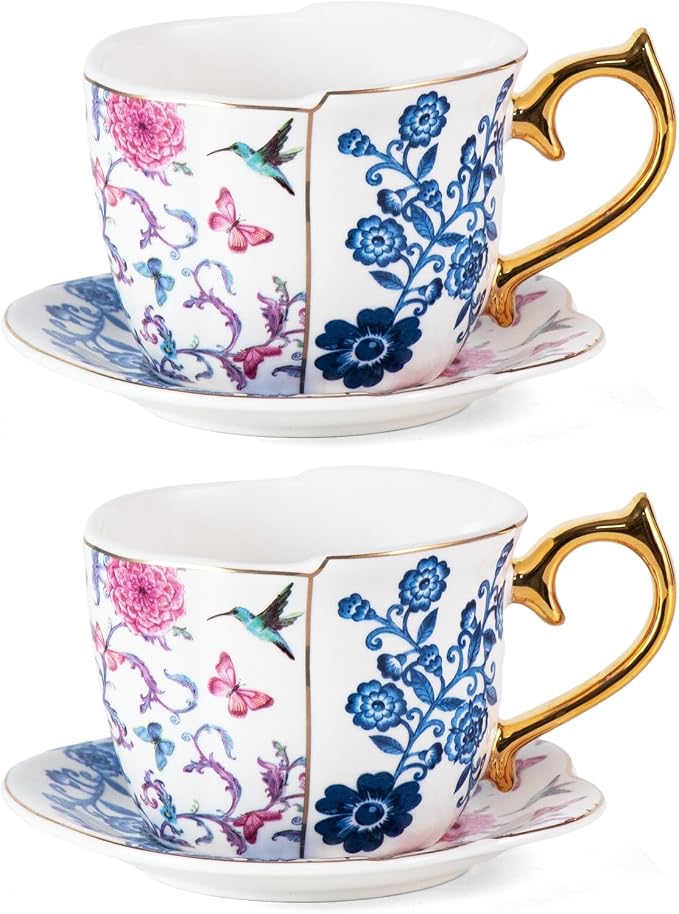 KAMMAK Tea Cups and Saucers Set of 2, 8 oz Porcelain Coffee Cups, YX018 | by KAMMAK