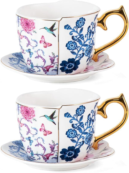 KAMMAK Tea Cups and Saucers Set of 2, 8 oz Porcelain Coffee Cups, YX018 | by KAMMAK