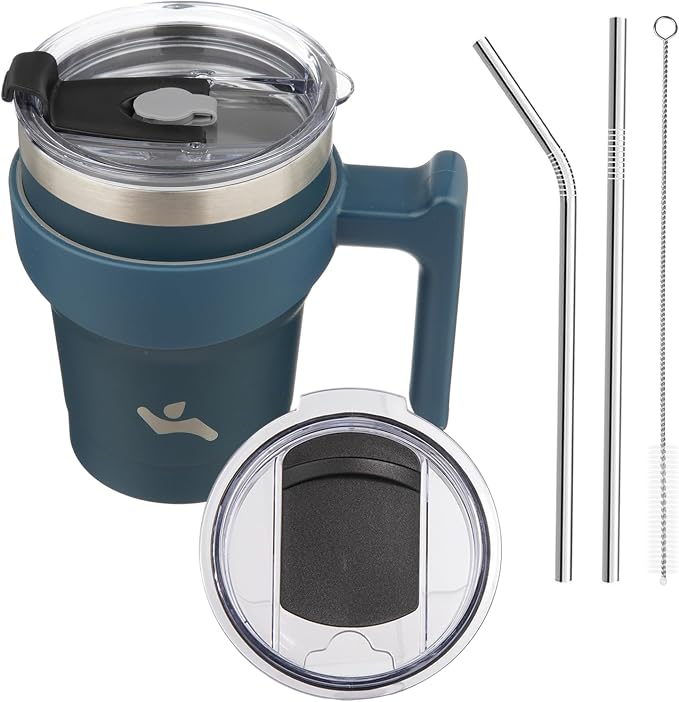 Konokyo 10 oz Tumbler with Handle and Straw, Insulated Travel Mug | Navy Blue; by Konokyo