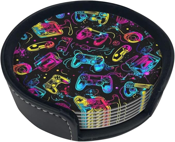 Drink Coasters with Holder Stand Set of 6, Bright Game Controller Pu Leather - Image 6