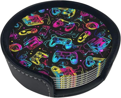 Drink Coasters with Holder Stand Set of 6, Bright Game Controller Pu Leather - Image 6