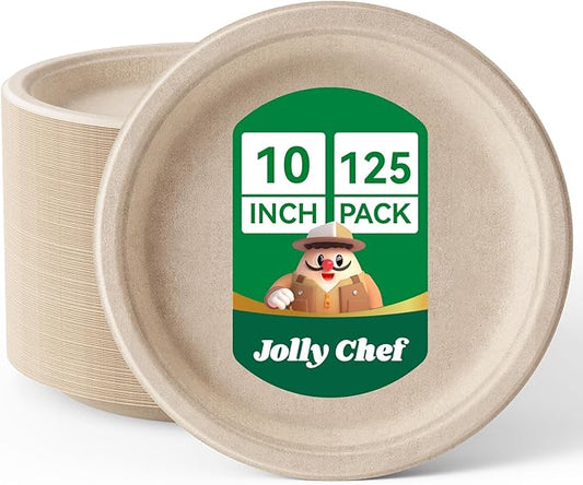 JOLLY CHEF Compostable Heavy Duty Plates 𝟭𝟬 𝗜𝗻𝗰𝗵 [𝟭𝟮𝟱 𝗣𝗮𝗰𝗸] Eco-Friendly Disposable Paper Plates Natural Bagasse Biodegradable Sugarcane Bulk for Party Hot Cold Dinner Christmas (Brown)