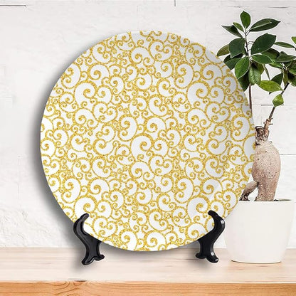 Ceramic Display Plate, Victorian Ceramic Hanging Decorative Plate, Swirling Lines Floral, 6 Inch, Living Room Kitchen Decoration Household, Golden