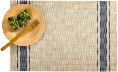 Restaurantware French Countryside 16 x 12 Inch Dining Table Placemats Set Of 6 Heat-Tolerant Kitchen Table Mats - Navy Stripe No Stain Khaki Vinyl Woven Rectangle Placemats Easy To Clean