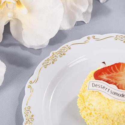DaYammi 60PCS White and Gold Plastic Plates, Disposable Heavy Duty Plates Premium 7.5inch White Dessert Cake Salad Appetizer Plates Hard Plastic Platos Disposable for Party Wedding