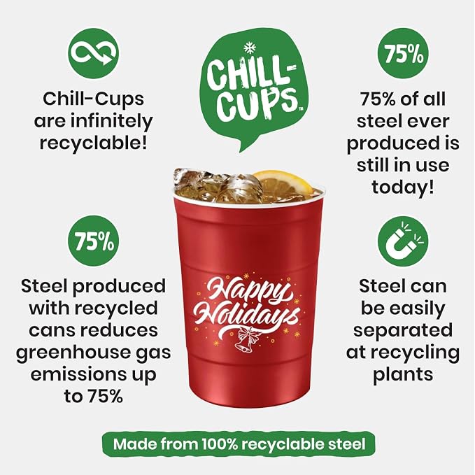 Steel Chill Cups 16 oz. Reusable Party Cups, Happy Holidays, 100% recyclable - Image 6