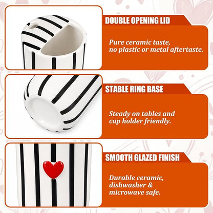 Ceramic Mug with Sip Hole 10 oz Novelty Black Striped Red Heart Ceramic Coffee - Image 3
