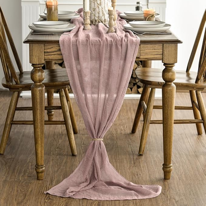 Artoid Mode Boho Cheesecloth Gauze Dusty Pink Wedding Table Runner, 160 Inch - Image 3
