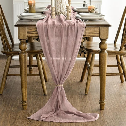 Artoid Mode Boho Cheesecloth Gauze Dusty Pink Wedding Table Runner, 160 Inch - Image 3