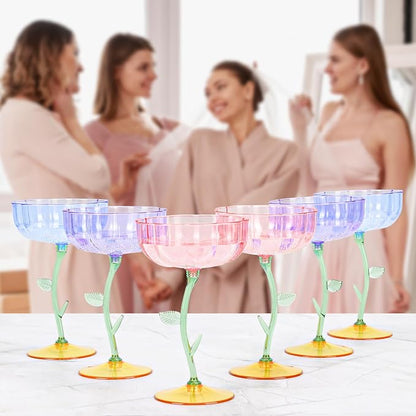 12 Pcs Pink Plastic Ribbed Coupe Glasses Detachable 7oz Flower Cocktail Glasses - Image 8
