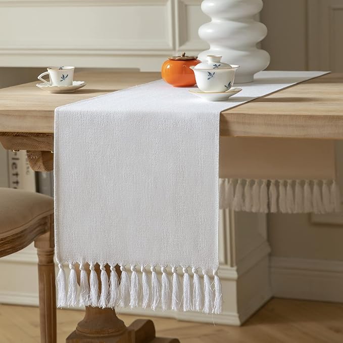 White Table Runners 72 Inches Long, Burlap Linen Style Rustic Farmhouse Table by ZEEMARTONLINE