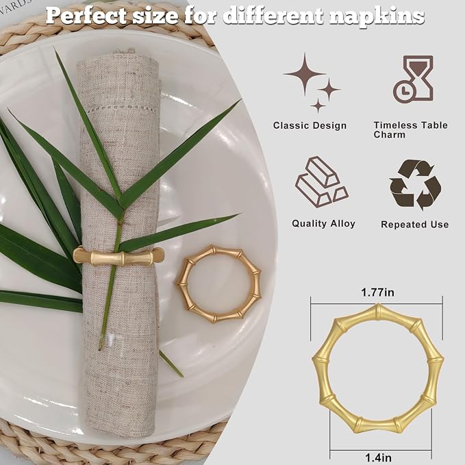 Gold Bamboo Napkin Rings Set of 12, Solid Alloy Bamboo Knuckle Napkin Ring - Image 3