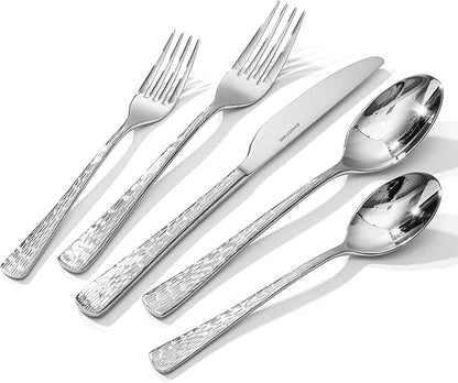 KINGSTONE Hammered Silverware Set, 30-Piece Flatware Set, 18/10 Stainless Steel Premium Cutlery with Unique Ripple Handles Design Mirror Polished - Dishwasher Safe