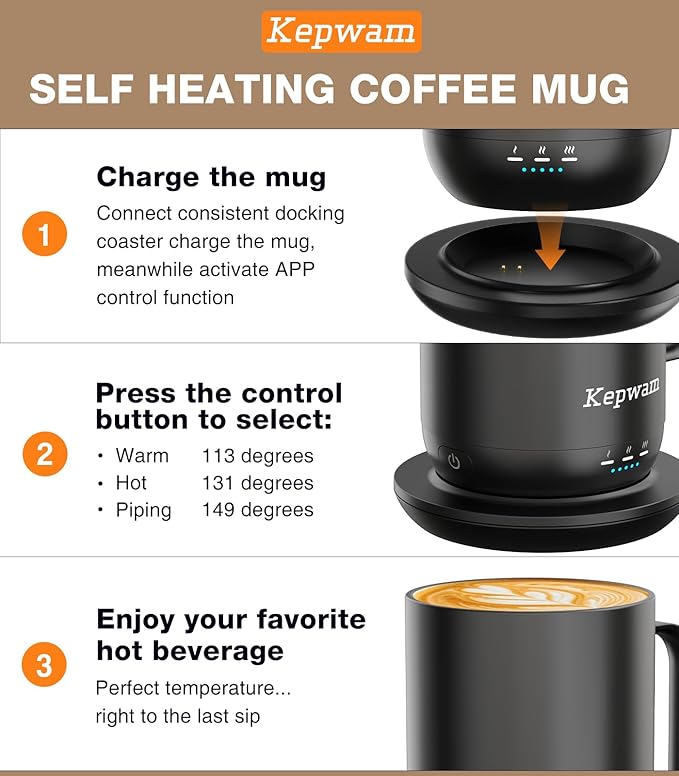 Kepwam Self-Heating Coffee Mug T1, 16oz Rechargeable Heated Coffee Mug - Image 3