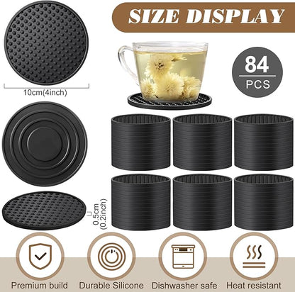 Eccliy 84 Pack Silicone Coasters for Drinks Nonslip Silicone Drink Coasters Cold Hot Heat Resistant for Table Tabletop Coffee Bar (Black)