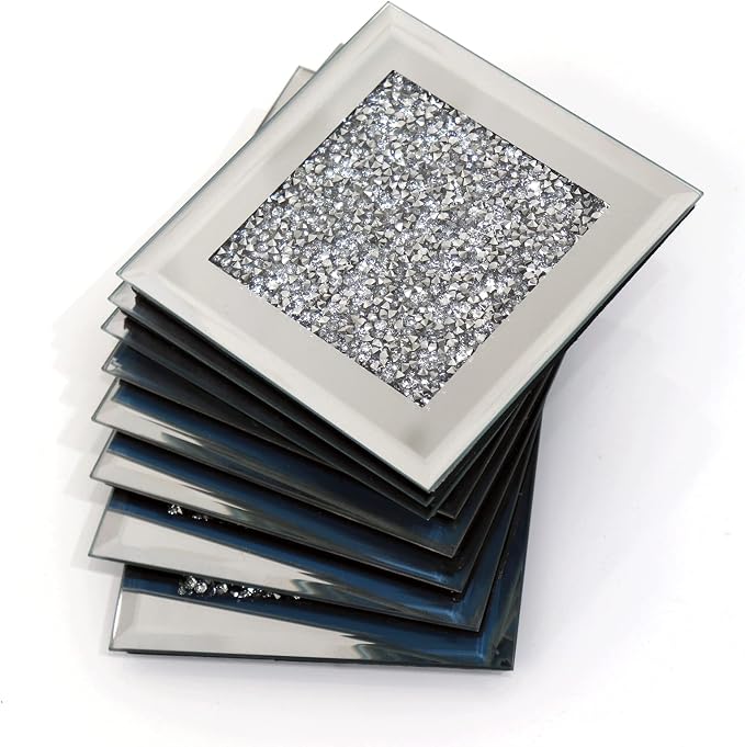 GIMORRTO Glass Mirrored Coaster 8 PC, Crushed Diamond Square Cup 4" Mat Decor - Image 4