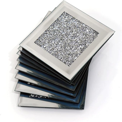 GIMORRTO Glass Mirrored Coaster 8 PC, Crushed Diamond Square Cup 4" Mat Decor - Image 4