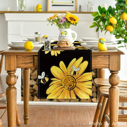 Artoid Mode Bee Sunflower Table Runner Black, Seasonal Spring Summer Flower - Image 2