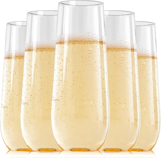 FOCUSLINE 24 Pack 9 Oz Clear Plastic Champagne Flutes, Stemless Plastic by FOCUSLINE