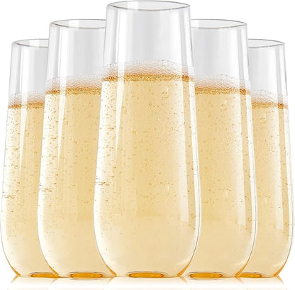 FOCUSLINE 24 Pack 9 Oz Clear Plastic Champagne Flutes, Stemless Plastic by FOCUSLINE
