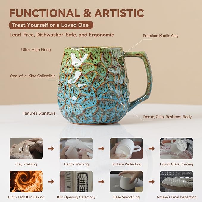 18oz Unique Kiln-Change Ceramic Coffee Mug, Handcrafted Hammered Texture - Image 3