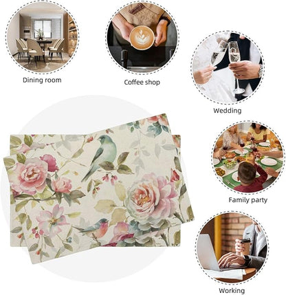 Floral Placemats Set of 4 Vintage Watercolor Bird Flower Decor Place Mats 12x18 Inch Spring Summer Seasonal Decorative Linen Table Mats for Home Kitchen Dining Party Table Decoration