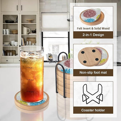 Wood Coasters Set of 6 with Holder, Cewiru Cup Mat - Image 5
