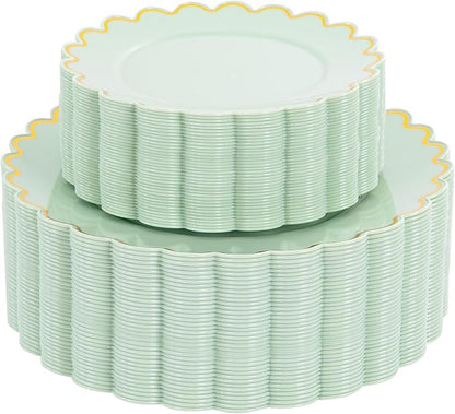 LIYH 100 Sage Green Scalloped Plastic Plates by LIYHLoveinyourheart