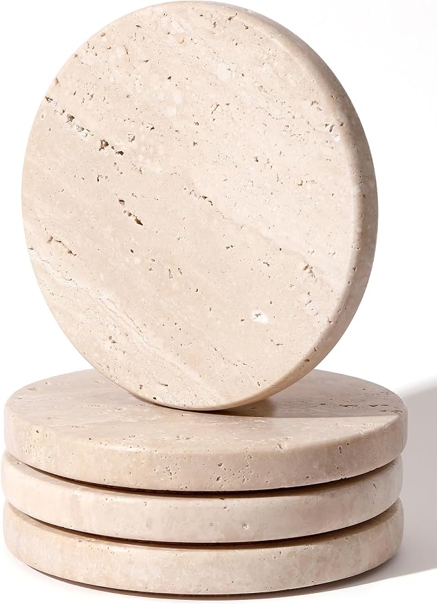 Beige Travertine Coasters Set of 4, Marble Absorbent Coasters 4 '', by CHISELED+ST+DF+SK