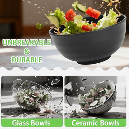 Wheat Straw Bowls Set of 6, Unbreakable Lightweight 60 OZ Salad Bowls for Kitchen and Camping, Big Plastic Bowl for Serving, Cereal, Ramen, Soup, Microwave & Dishwasher Safe, Black