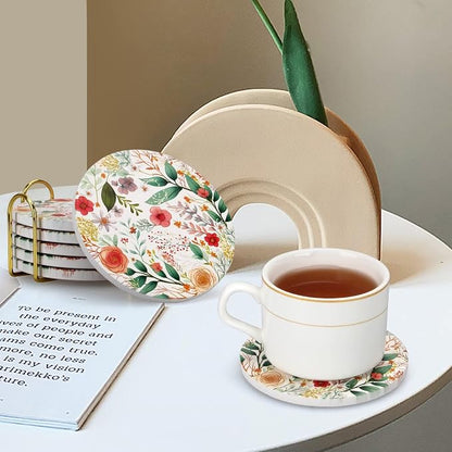 Cute Flower Absorbent Drink Cup Coasters Set of 6 Floral Coffee Table Decor | - Image 3