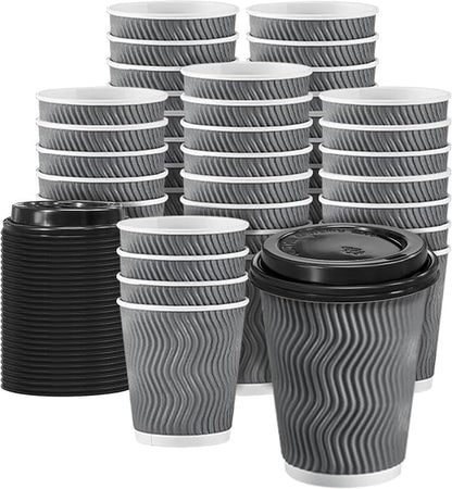 100 Pack 10 oz Disposable Coffee Cups with Lids, Insulated Ripple Wall To-Go Paper Coffee Cups Suitable for Chocolate Cocoa and Hot/Cold Drinks (Grey)