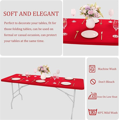 4 Pack Spandex Tablecloth Table Top Cap Cover Washable Elastic Rectangle Tablecloth for 6 FT Folding Tables for Indoor Outdoor Party (72 x 30 Inches, Red)