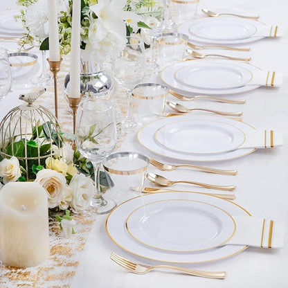 SUT 175 PCS Plastic Plates, 175 Pieces Disposable Heavy Duty for 25 Guests, White Gold Geometric Pattern Dinner Plates with Napkins and Cups, BPA Free