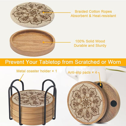 Wood Coasters for Drinks, Eykao Absorbent Coaster Sets of 5, Woven Drink - Image 5
