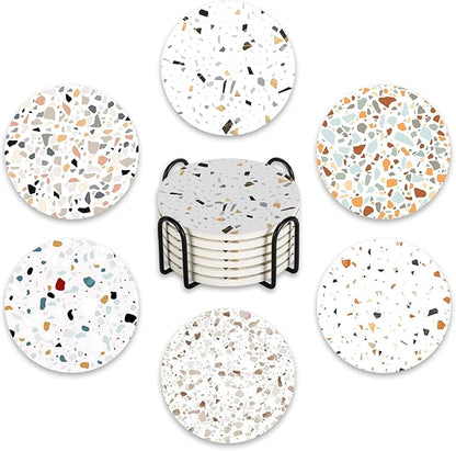 Terrazzo Ceramic Coasters with Holder Set of 6, Modern Art Absorbent Drink Cup Mat for Coffee Table Protection, 4 Inches Minimalist Artistic Home Kitchen Decor Housewarming Gifts