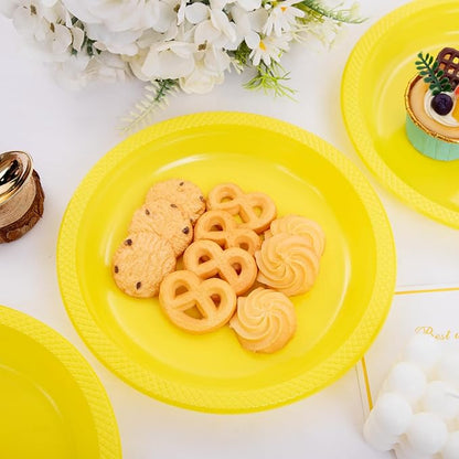 WELLIFE Yellow Party Plates 7 Inch -150 Count, Plastic Disposable Dessert Plates for Party Easter Mother's Day Cake Appetizers Salad Picnic BBQ