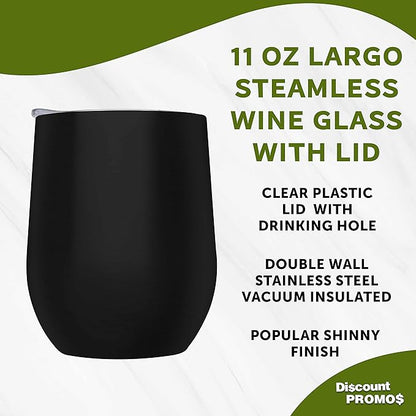 DISCOUNT PROMOS Stemless Wine Glass Tumblers with Lids by Largo 11 oz. Set of 6, Bulk Pack - Perfect for Wine, Cocktails, Other Hot & Cold Beverages - Black